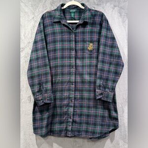 Ralph Lauren Scotch Plaid Sleep Shirt Dress Gold Logo Long Sleeve Flanel Size XL